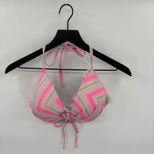 Victorias Secret 36DD Bikini Swim Top Pink Stripe Push Up Halter Tie Neck & Back
